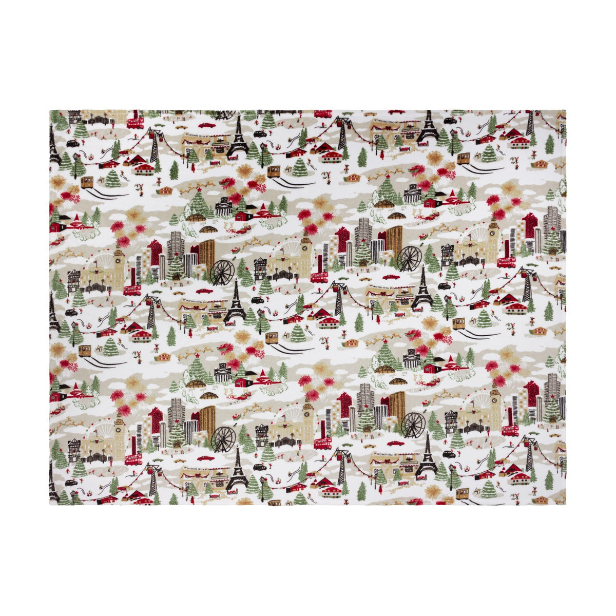 Joy To All printed polyester fleece throw in cream, featuring a festive city scene with skylines, trees, taxis and skaters in red, green and brown tones.