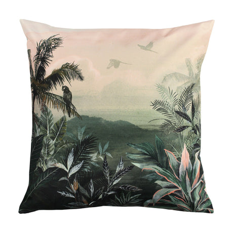Jungle Reversible Polyester Cushion in Blush/Forest, square 43x43cm with a tropical scene of palms, ferns and birds fading from blush pink to forest green, shown on a plain white background.