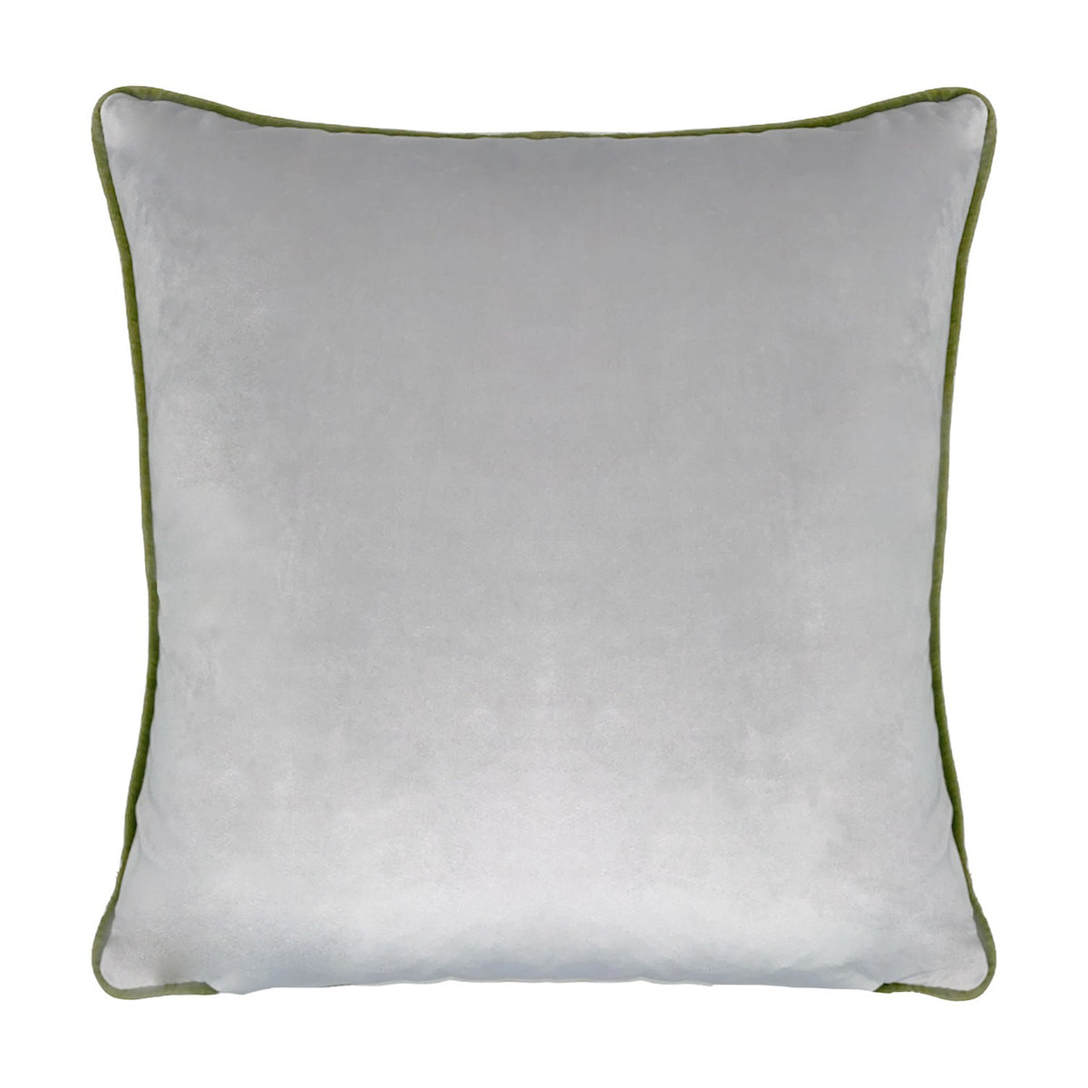 Square velvet-feel cushion in plain grey shown from the reverse side, with green piped trim edging on a plain white background.