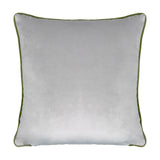 Square velvet-feel cushion in plain grey shown from the reverse side, with green piped trim edging on a plain white background.