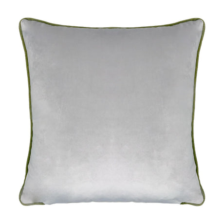Square velvet-feel cushion in plain grey shown from the reverse side, with green piped trim edging on a plain white background.