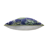 Side view of the Jungle Animal Velvet Cushion in blue, showing its plump velvet-feel edge with green piped trim and tropical leaf print, set against a plain white background.