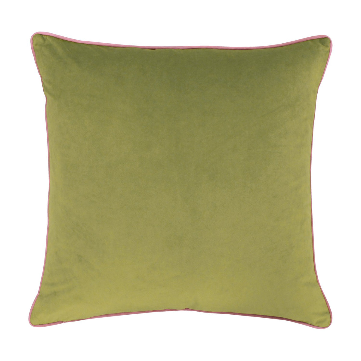 Reverse view of the Jungle Leopards Animal Velvet Cushion in Green, showing a plain green velvet-feel back with pink piped edging on a white background.