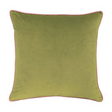 Reverse view of the Jungle Leopards Animal Velvet Cushion in Green, showing a plain green velvet-feel back with pink piped edging on a white background.