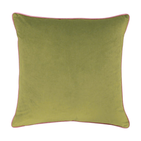 Reverse view of the Jungle Leopards Animal Velvet Cushion in Green, showing a plain green velvet-feel back with pink piped edging on a white background.