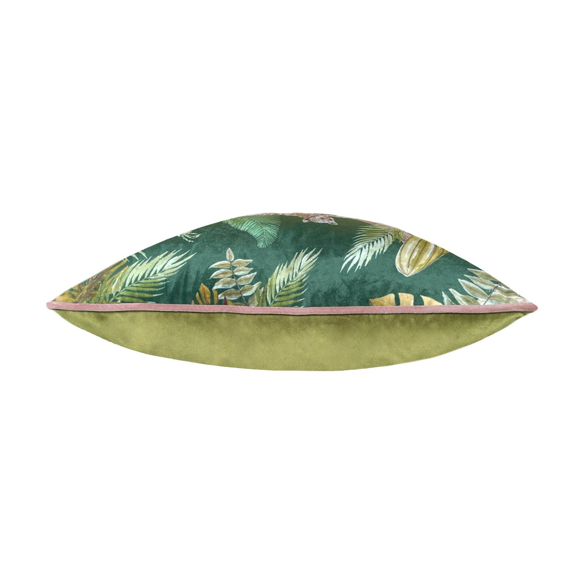 Side view of the Jungle Leopards Animal Velvet Cushion in green, showing a printed tropical leaf design with pink piping above a plain olive-green velvet back, on a white background.