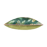 Side view of the Jungle Leopards Animal Velvet Cushion in green, showing a printed tropical leaf design with pink piping above a plain olive-green velvet back, on a white background.
