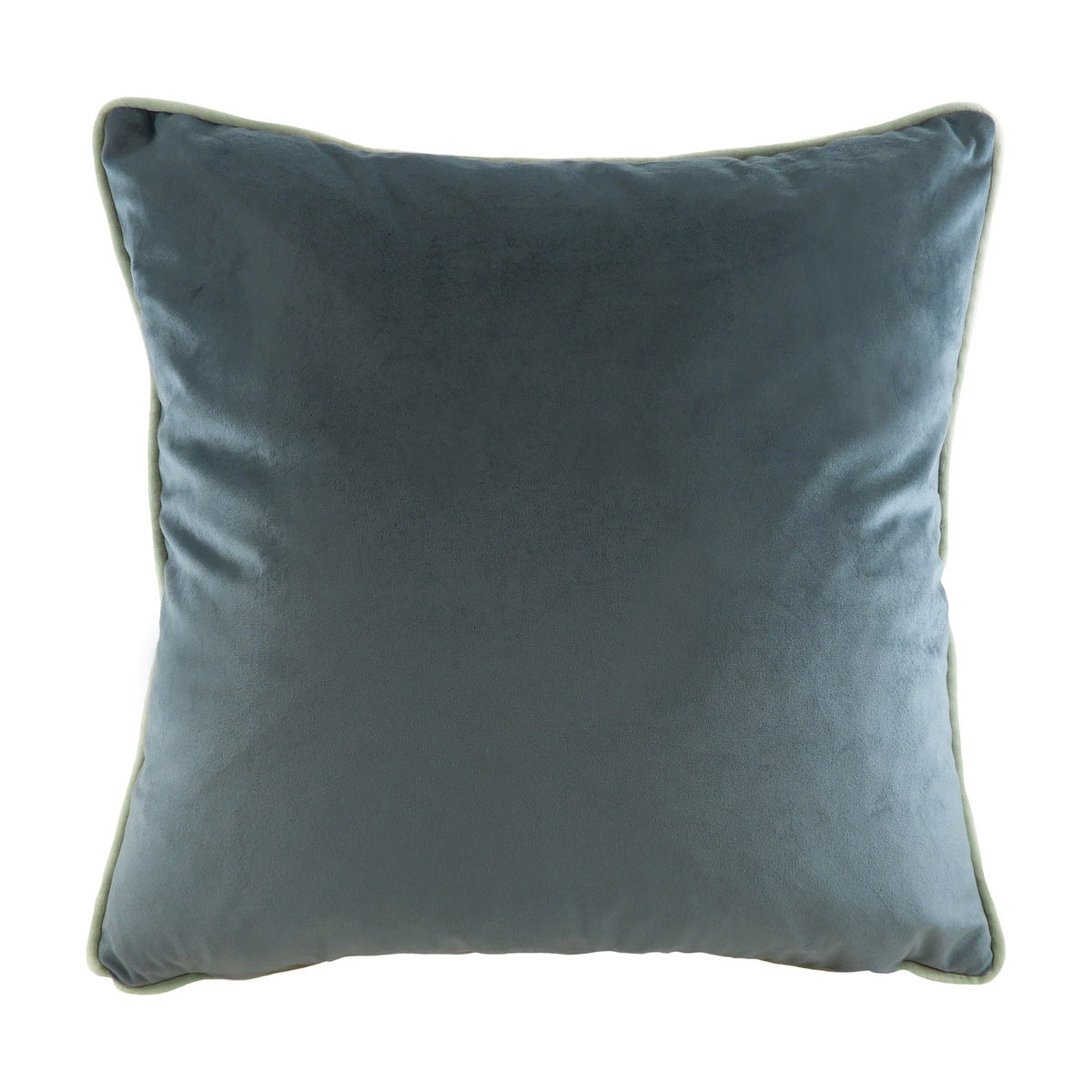 Reverse side of the Jungle Leopards Animal Velvet Cushion, showing a plain petrol-blue velvet finish with contrast piping, photographed on a white background.