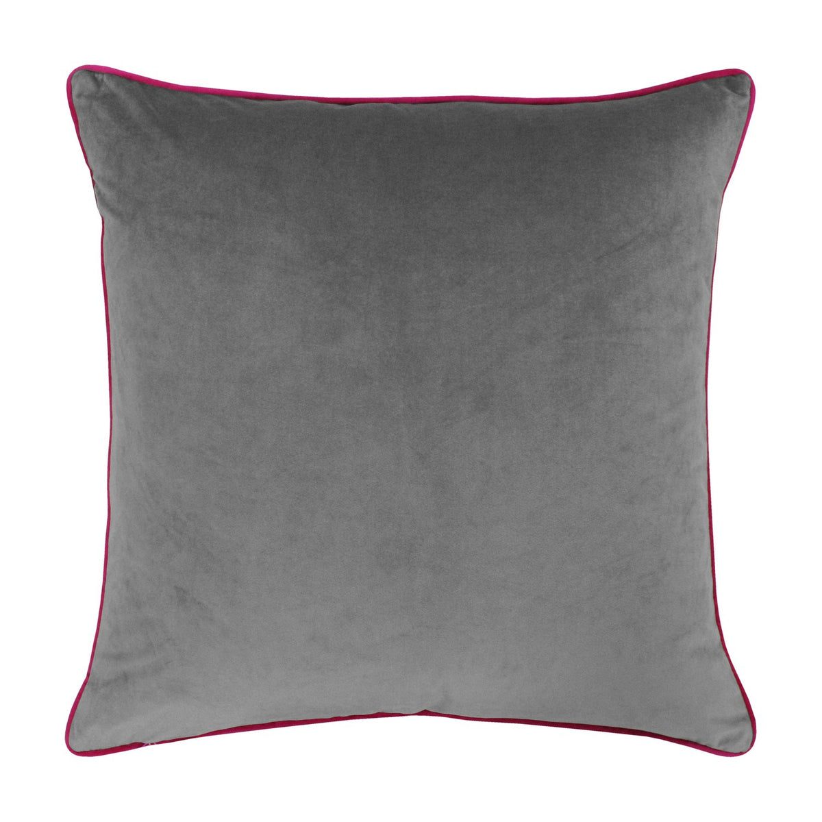 Square velvet cushion in plain grey with contrasting pink piped edge trim, shown against a plain white background.
