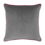 Square velvet cushion in plain grey with contrasting pink piped edge trim, shown against a plain white background.