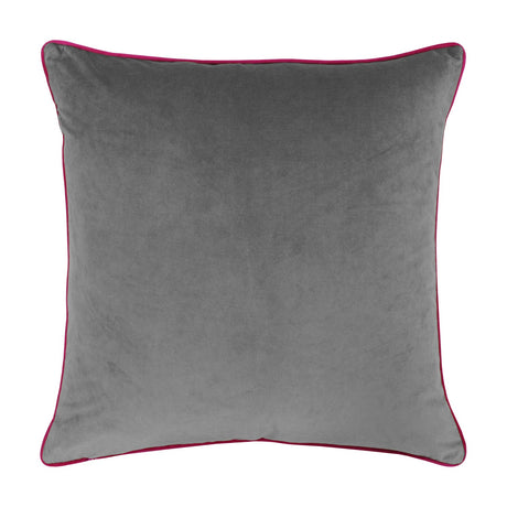 Square velvet cushion in plain grey with contrasting pink piped edge trim, shown against a plain white background.