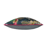 Side view of the Jungle Animal Velvet Cushion in blue, showing dark tropical print with gold fronds and pink piping edge above a plain grey underside, on a white background.