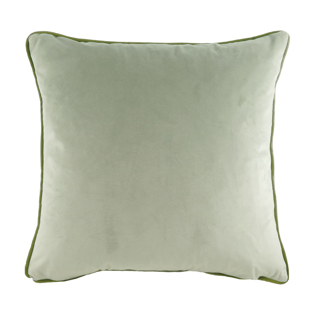 Square velvet cushion in sage green with contrasting olive green piping edge trim, shown plain on a white background.