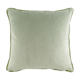 Square velvet cushion in sage green with contrasting olive green piping edge trim, shown plain on a white background.