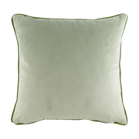 Square velvet cushion in sage green with contrasting olive green piping edge trim, shown plain on a white background.