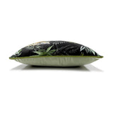Side view of the Jungle Tiger Animal Velvet Cushion in black, showing the plump velvet insert with green piped edge and plain sage back, set against a white background.