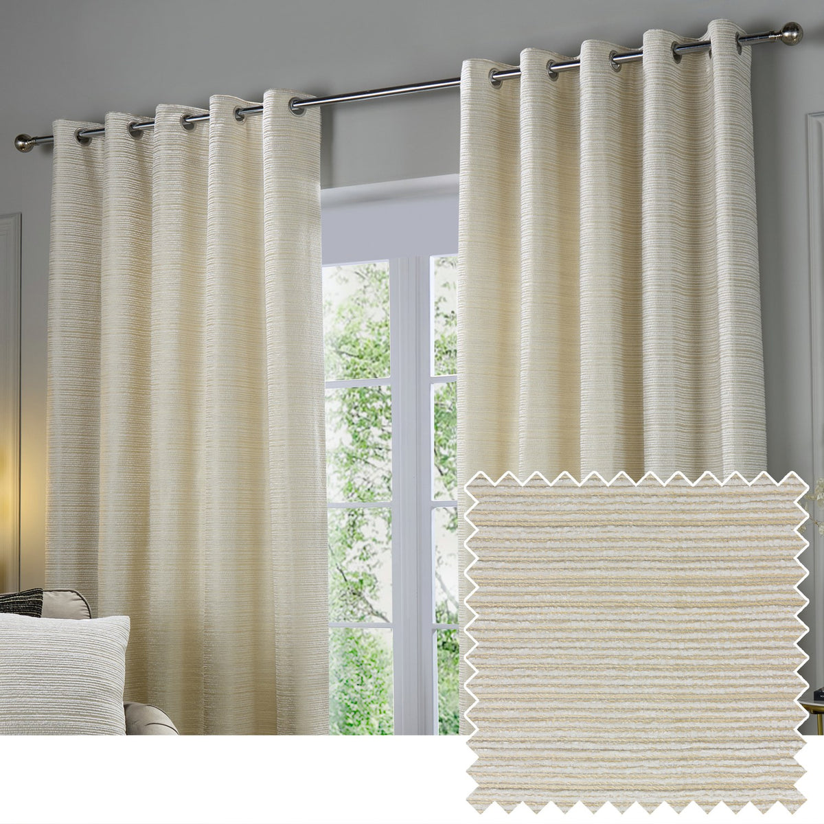 Jupiter Chenille Fully Lined Eyelet Curtains in ivory/gold, hung on a chrome pole with a matching fabric swatch showing the fine horizontal woven texture.