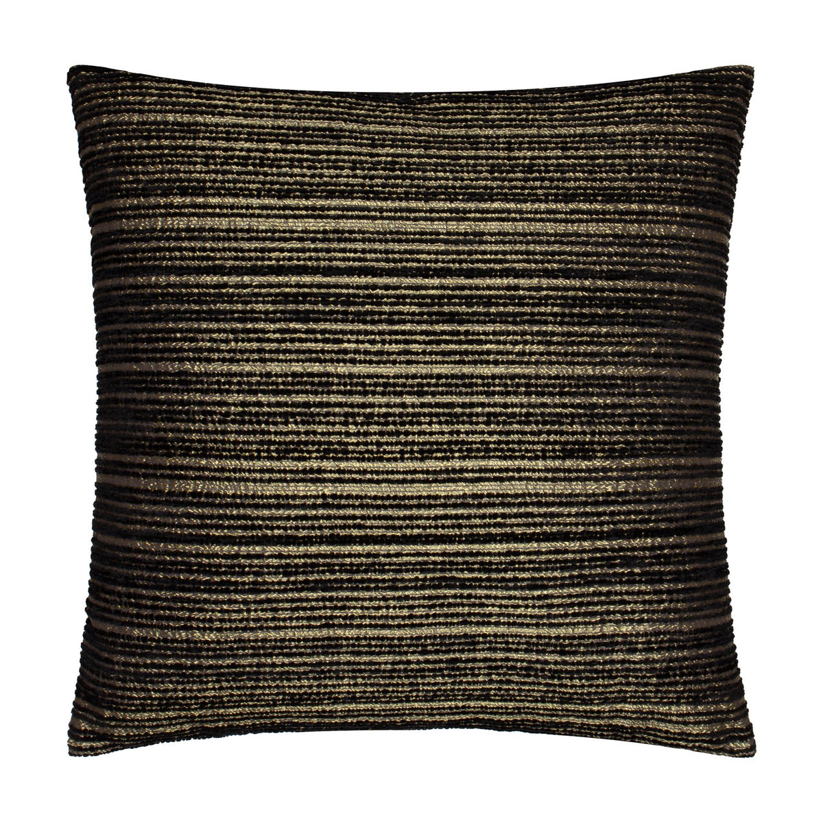 Jupiter Jacquard Chenille Cushion in black with fine horizontal pearlescent gold stripes, square 50 x 50cm chenille fabric, shown on a plain white background.