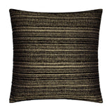 Jupiter Jacquard Chenille Cushion in black with fine horizontal pearlescent gold stripes, square 50 x 50cm chenille fabric, shown on a plain white background.