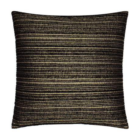 Jupiter Jacquard Chenille Cushion in black with fine horizontal pearlescent gold stripes, square 50 x 50cm chenille fabric, shown on a plain white background.