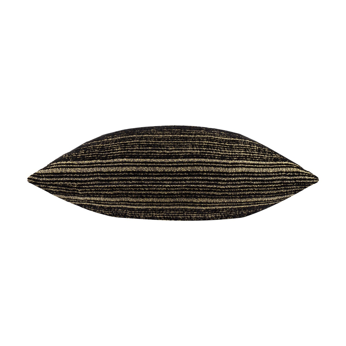 Jupiter Jacquard Chenille Cushion in black with fine horizontal pearlescent gold stripes, shown lengthwise on a plain white background.