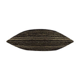Jupiter Jacquard Chenille Cushion in black with fine horizontal pearlescent gold stripes, shown lengthwise on a plain white background.