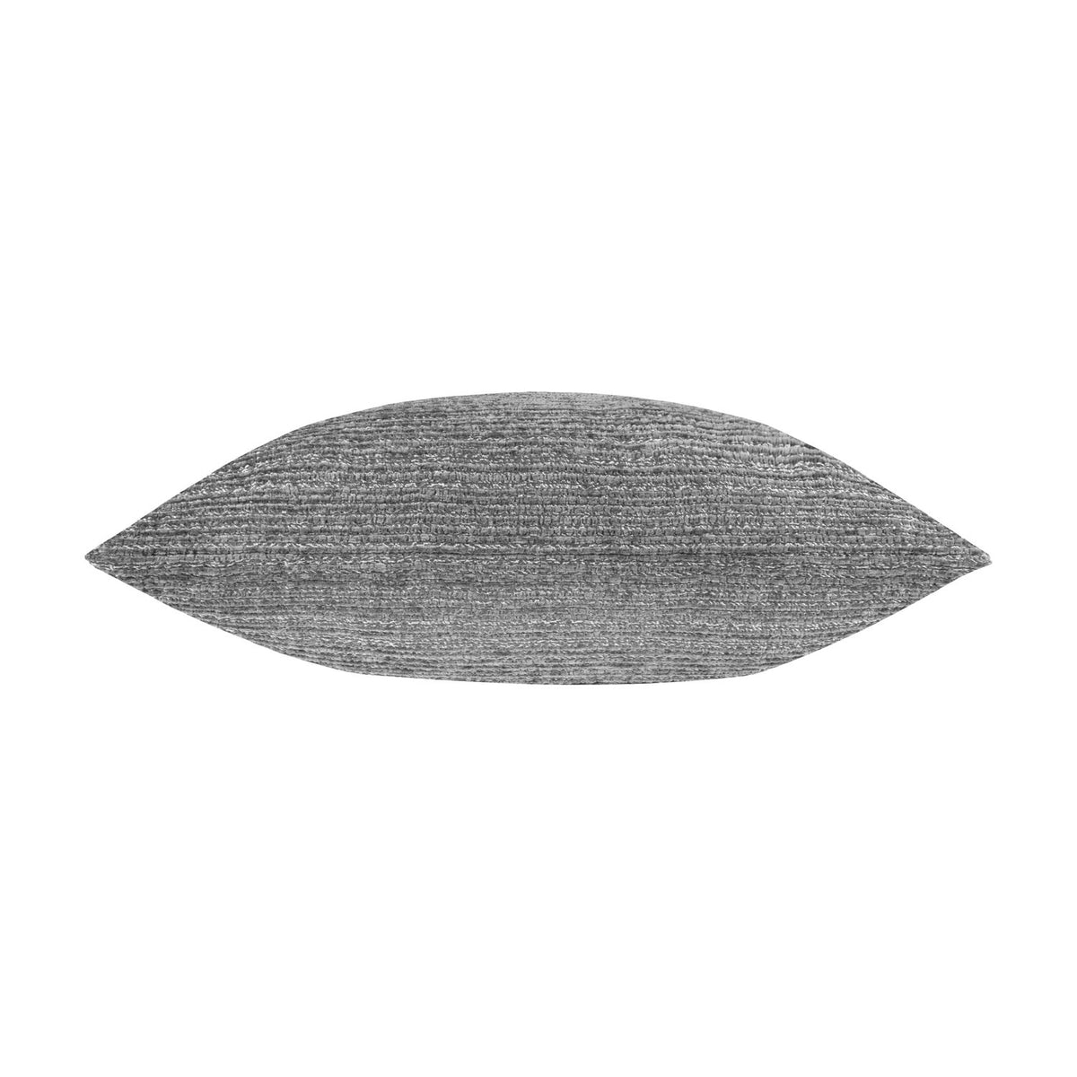 Jupiter Jacquard Chenille Cushion in Graphite, an eye-shaped pillow with ridged horizontal chenille texture in mid-to-dark grey with silvery highlights, shown against a plain white background.