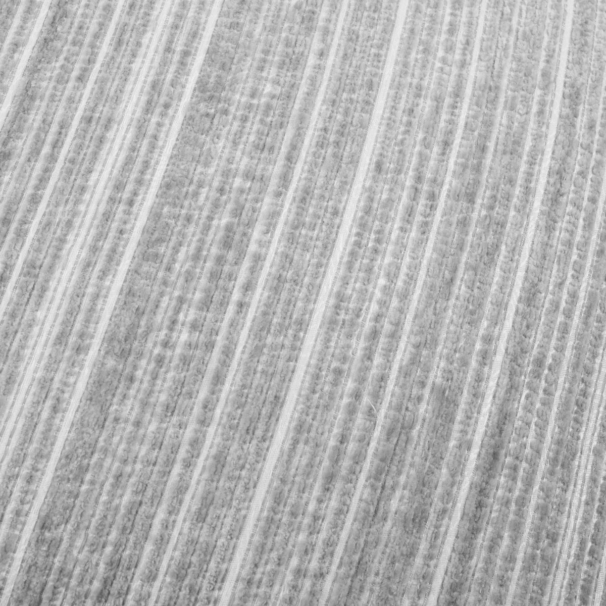 Close-up of the Jupiter Jacquard Chenille Cushion in silver, showing fine striped chenille fabric texture in grey and white tones.