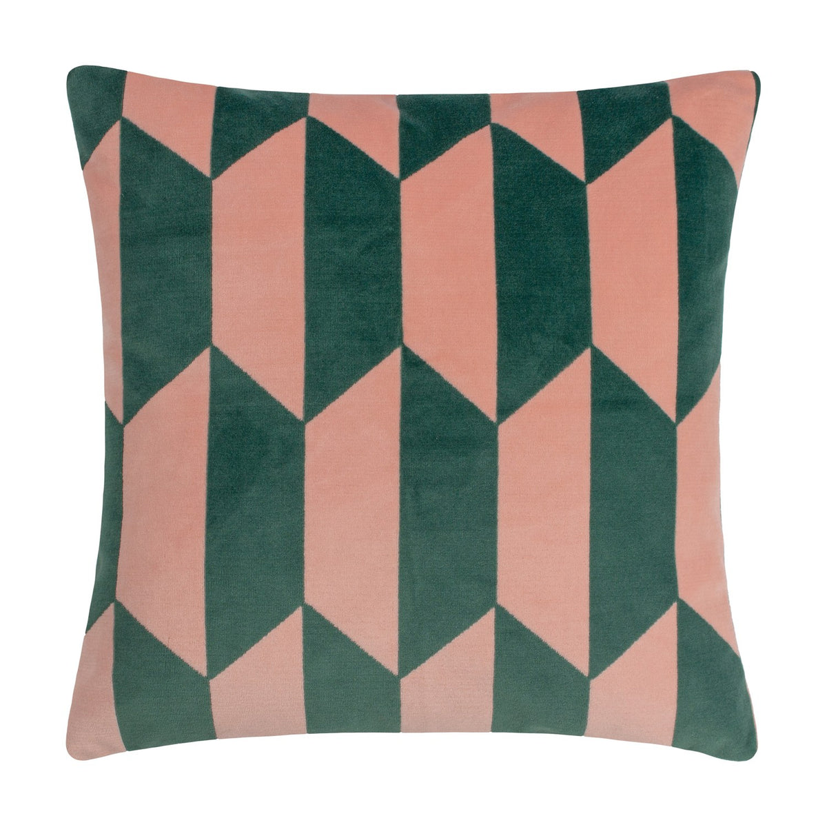 Kalho Jacquard Velvet Cushion in pink and green, square with a bold geometric pattern woven into the velvet pile, shown on a plain white background.