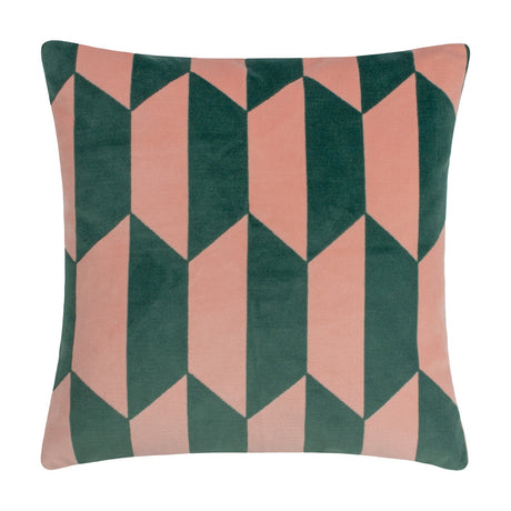 Kalho Jacquard Velvet Cushion in pink and green, square with a bold geometric pattern woven into the velvet pile, shown on a plain white background.