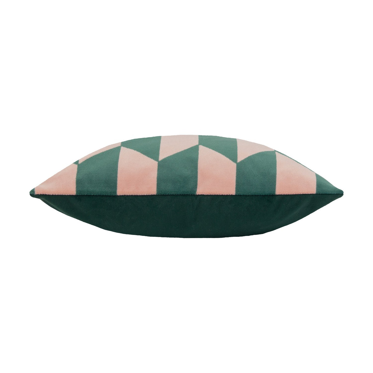 Kalho Jacquard Velvet Cushion in pink and green, shown side-on to reveal its plump bolster-like shape with a geometric patterned edge above a plain green velvet base, set against a white background.