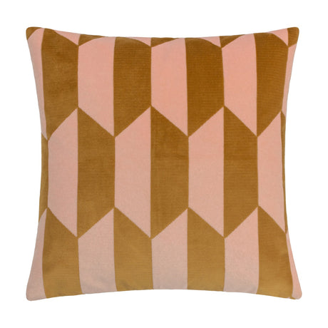 Kalho Jacquard Velvet Cushion in pink and ochre, featuring a tall geometric block pattern with a matt brushed velvet finish, shown on a plain white background.
