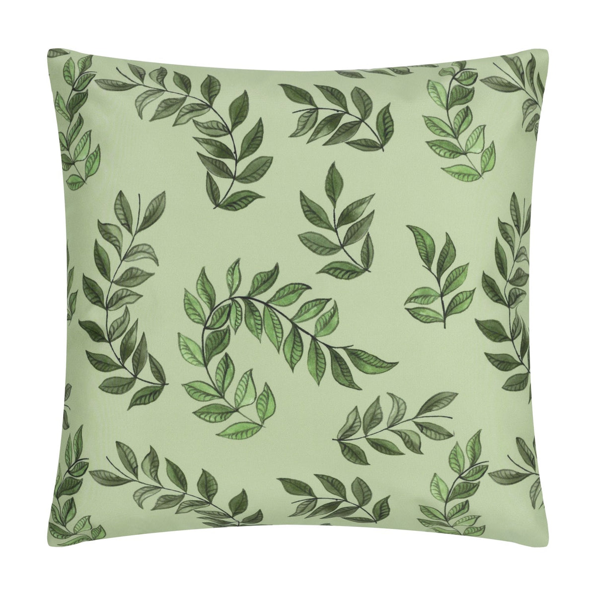 Square polyester cushion in the Kali Animals design, shown here in a green leaf pattern on a sage background, photographed on a plain white background.