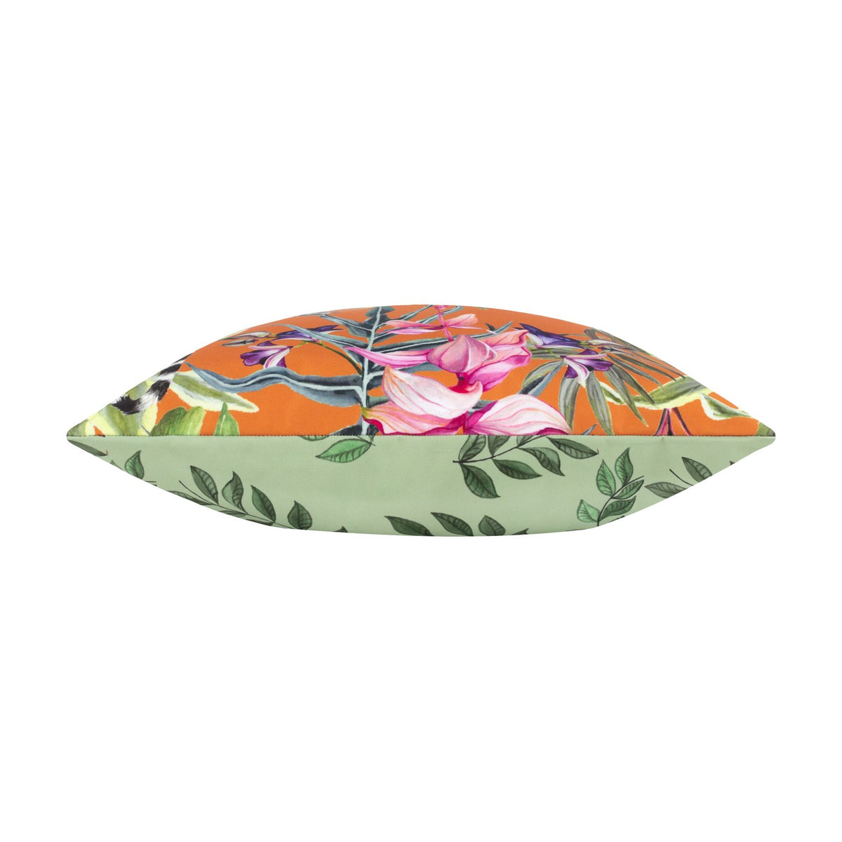 Kali Animals reversible polyester cushion shown side-on, one edge in orange with pink and purple floral print, the other in sage green with leaf pattern, on a white background.