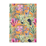 Kali Animals Abstract Polyester Rug in multicolour, a flatweave outdoor rug with a digitally printed jungle scene of lemurs, toucans, palm fronds and flowers on an orange ground.