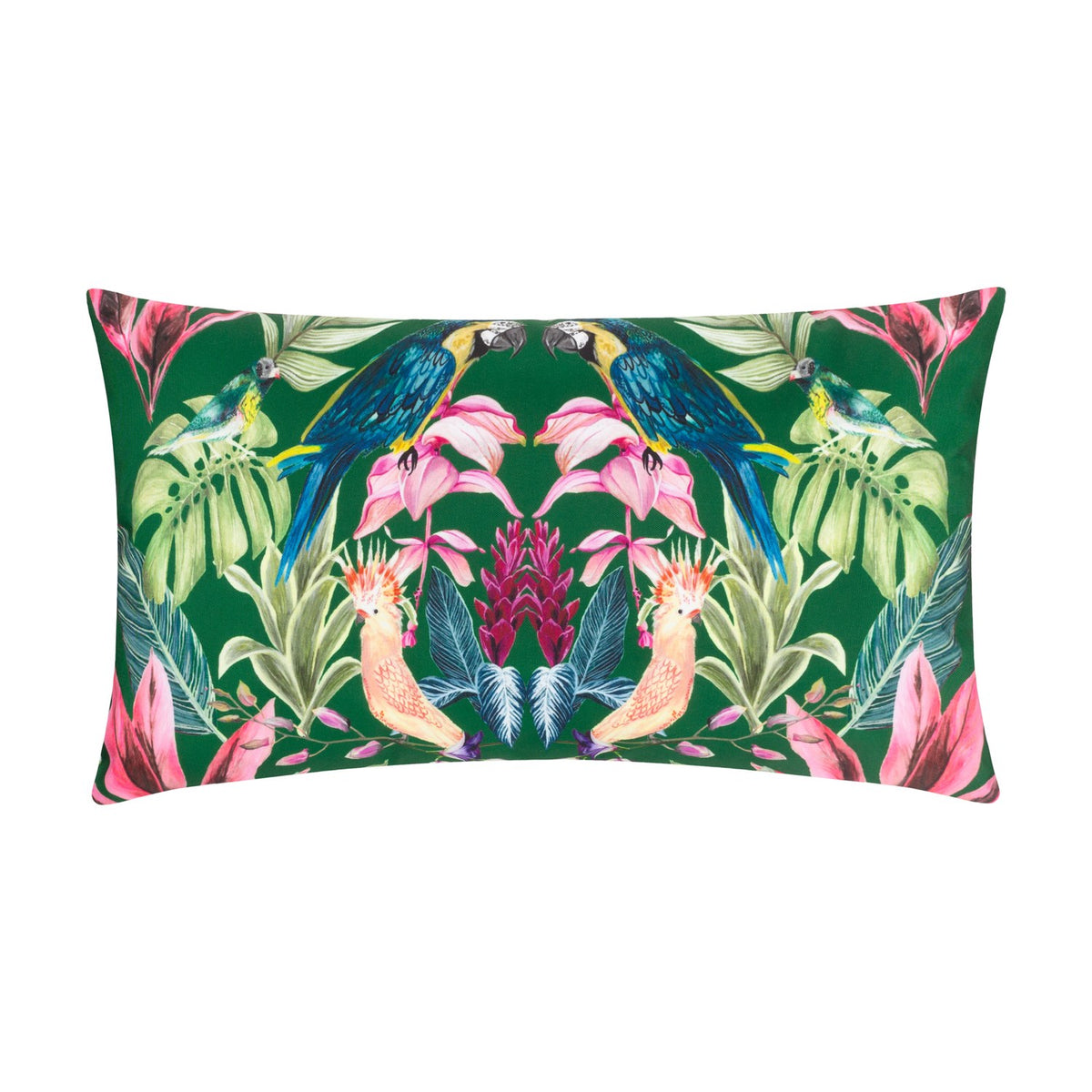 Kali Birds rectangular bolster cushion in dark green polyester, featuring a symmetrical tropical print of parrots and cockatoos among pink and magenta florals, shown on a white background.