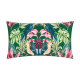 Kali Birds rectangular bolster cushion in dark green polyester, featuring a symmetrical tropical print of parrots and cockatoos among pink and magenta florals, shown on a white background.