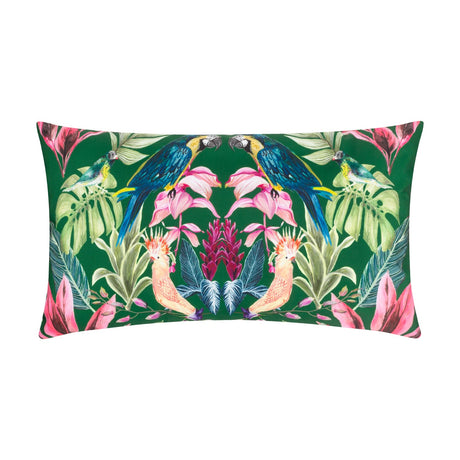 Kali Birds rectangular bolster cushion in dark green polyester, featuring a symmetrical tropical print of parrots and cockatoos among pink and magenta florals, shown on a white background.
