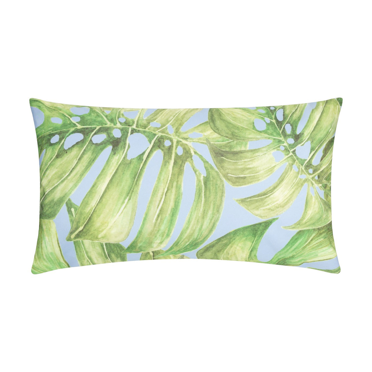Rectangular bolster cushion with a watercolour-style tropical leaf print in green tones on a pale blue ground, shown against a plain white background.