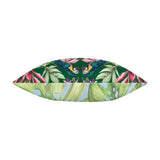 Kali Birds reversible bolster cushion in dark green, shown edge-on with parrots and tropical floral print on one side and leafy pattern on the reverse, plain white background.