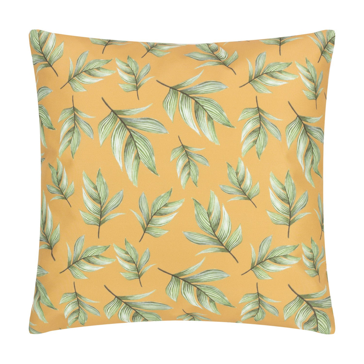 Square polyester cushion in amber with a repeating green leaf pattern, shown against a plain white background.