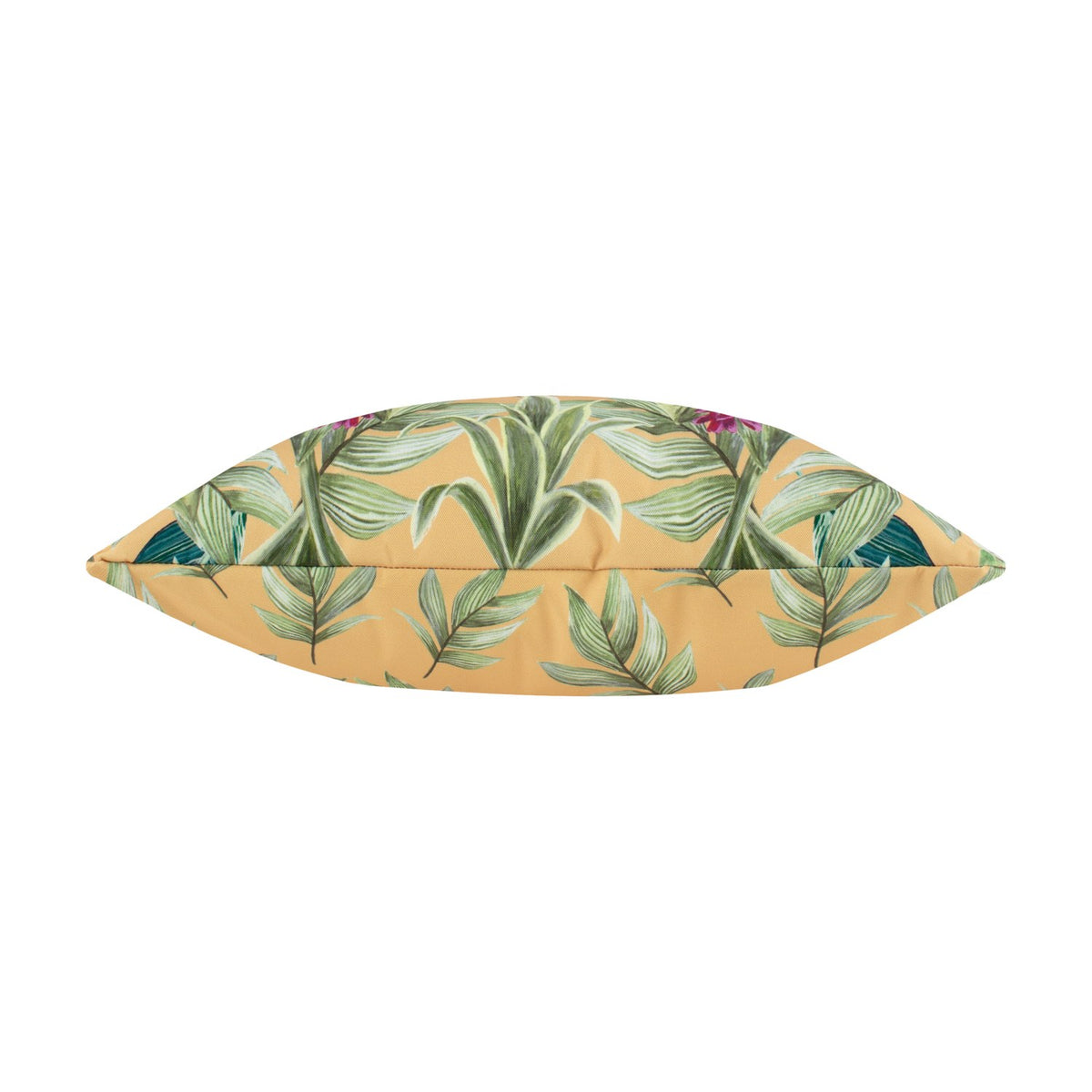 Kali Leopards reversible square cushion shown side-on, revealing a plump polyester insert with amber ground fabric featuring green tropical leaves and pink blooms, on a plain white background.