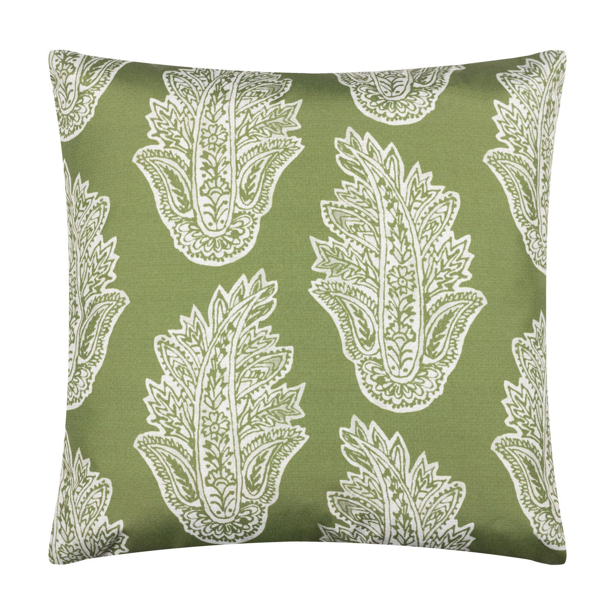 Kalindi reversible square cushion in olive green with white paisley floral print, polyester fabric, shown on a plain white background.