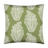 Kalindi reversible square cushion in olive green with white paisley floral print, polyester fabric, shown on a plain white background.