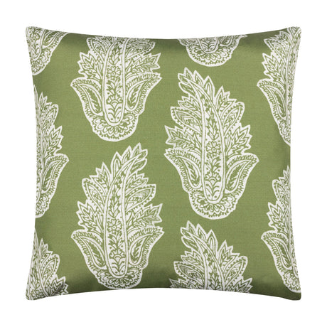Kalindi reversible square cushion in olive green with white paisley floral print, polyester fabric, shown on a plain white background.