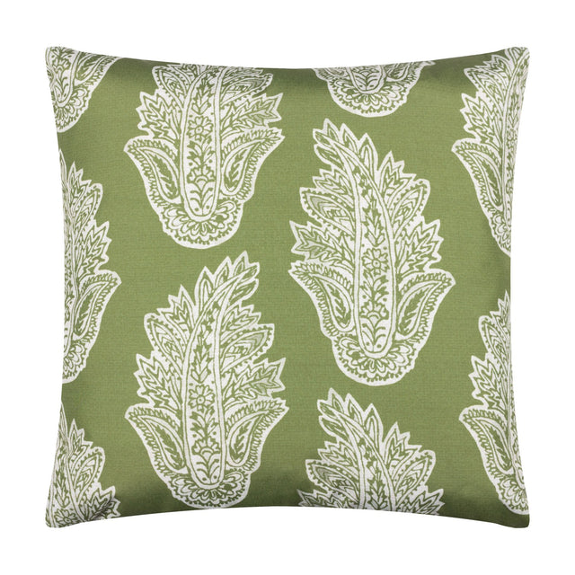 Kalindi reversible square cushion in olive green with white paisley floral print, polyester fabric, shown on a plain white background.