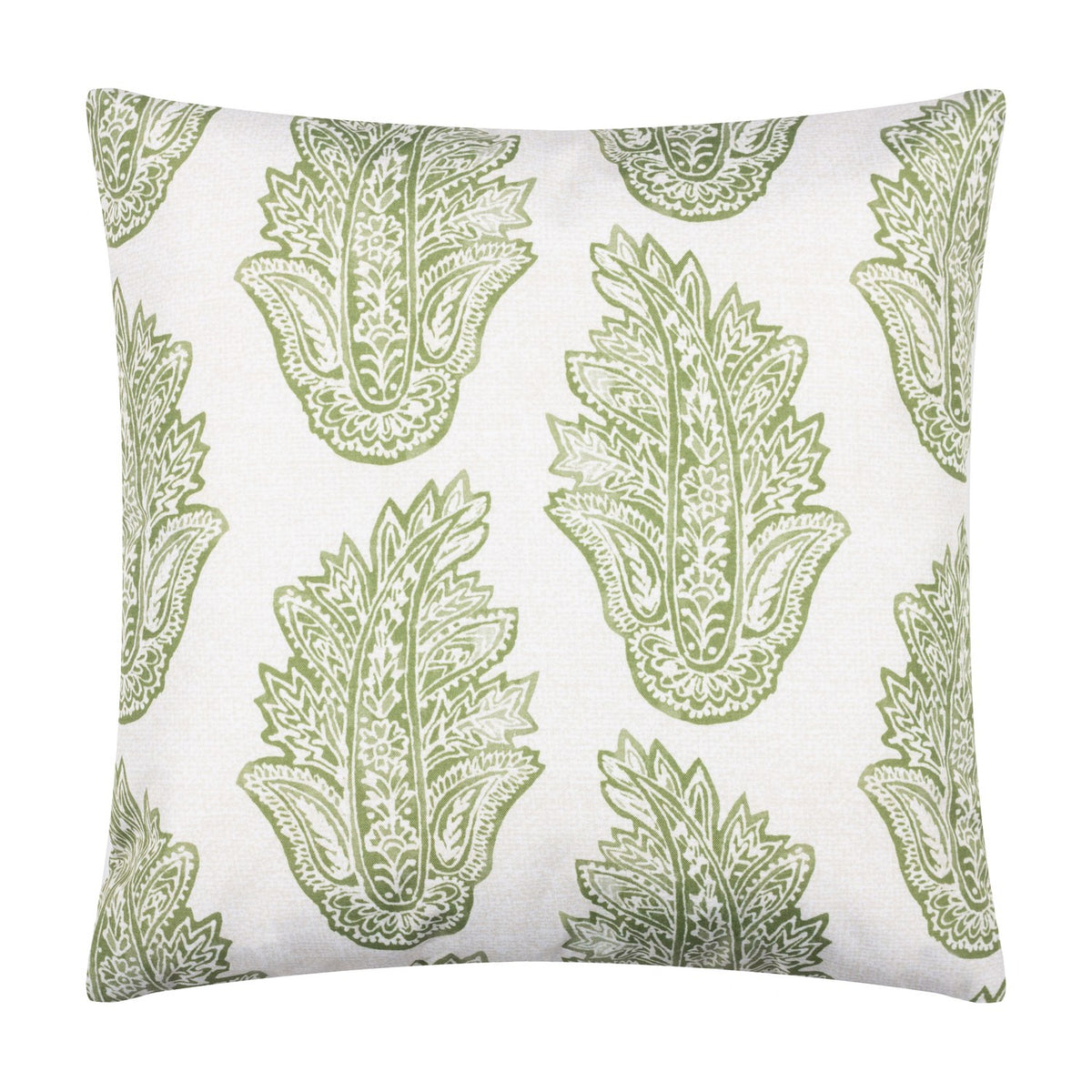 Kalindi reversible square cushion in white with olive green paisley leaf print, shown on a plain white background.