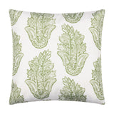 Kalindi reversible square cushion in white with olive green paisley leaf print, shown on a plain white background.