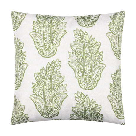 Kalindi reversible square cushion in white with olive green paisley leaf print, shown on a plain white background.