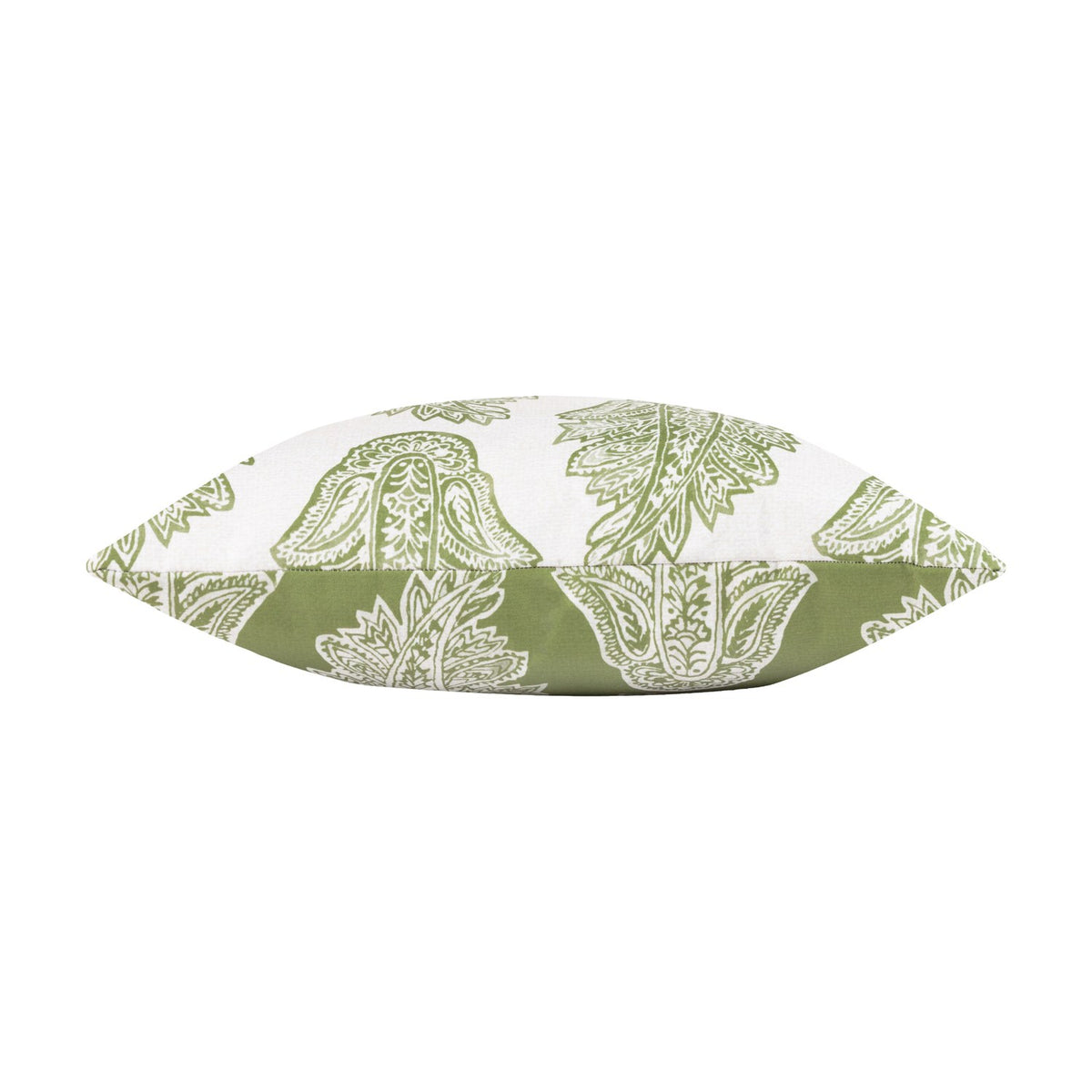 Side view of the Kalindi Reversible Polyester Cushion in olive, showing paisley floral print in white on olive and olive on white on opposite faces, set against a plain background.